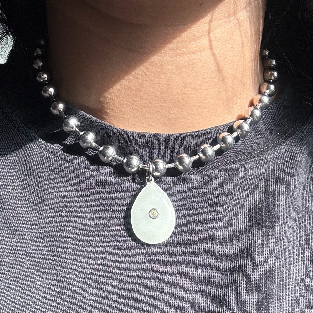 Silver ball chain Necklace White Teardrop quartz moonstone CZ gem charm pendant